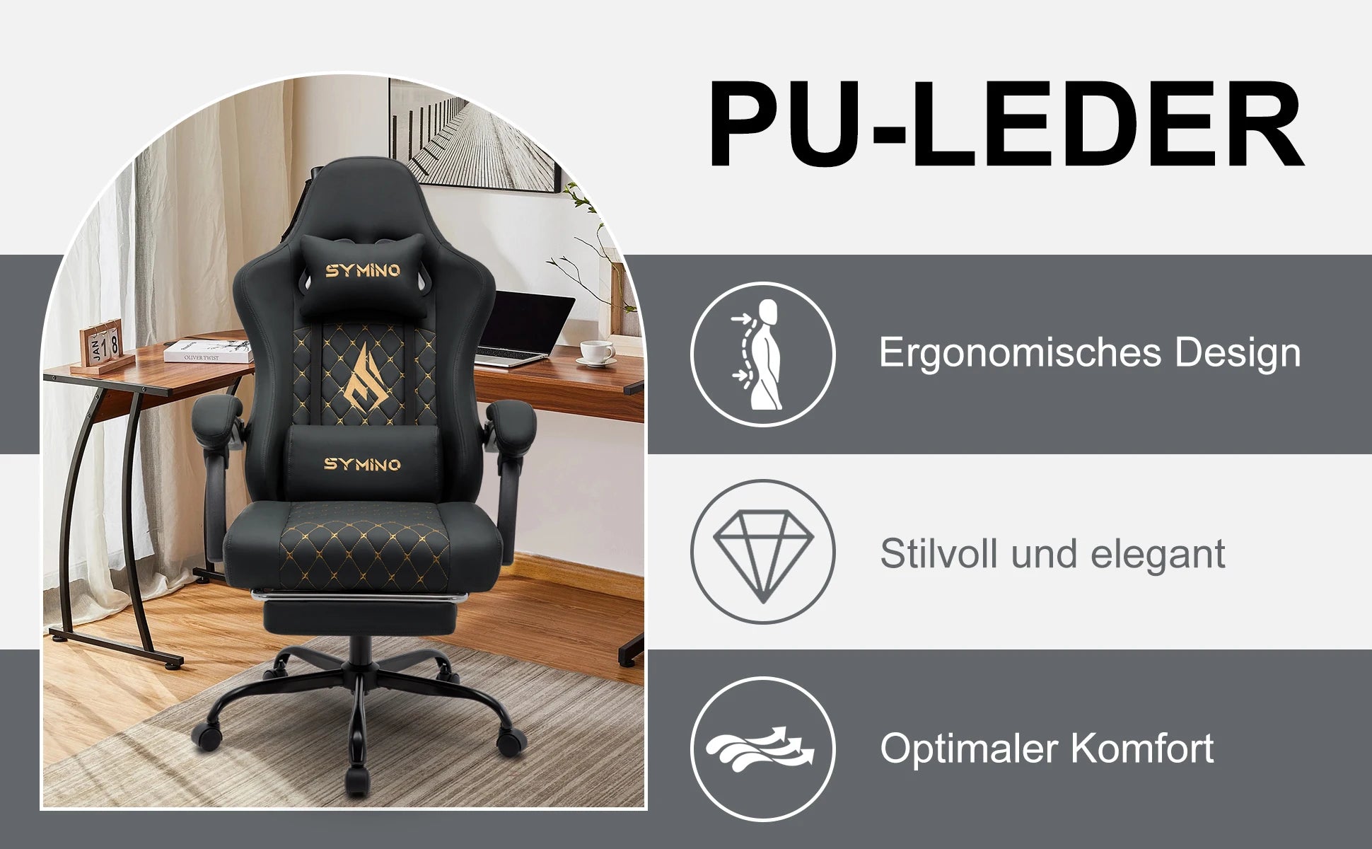 Symino Gaming Stuhl Rennstil – Ergonomischer Bürostuhl mit Fußstütze, Verstellbaren Armlehnen & 200 kg Belastbarkeit