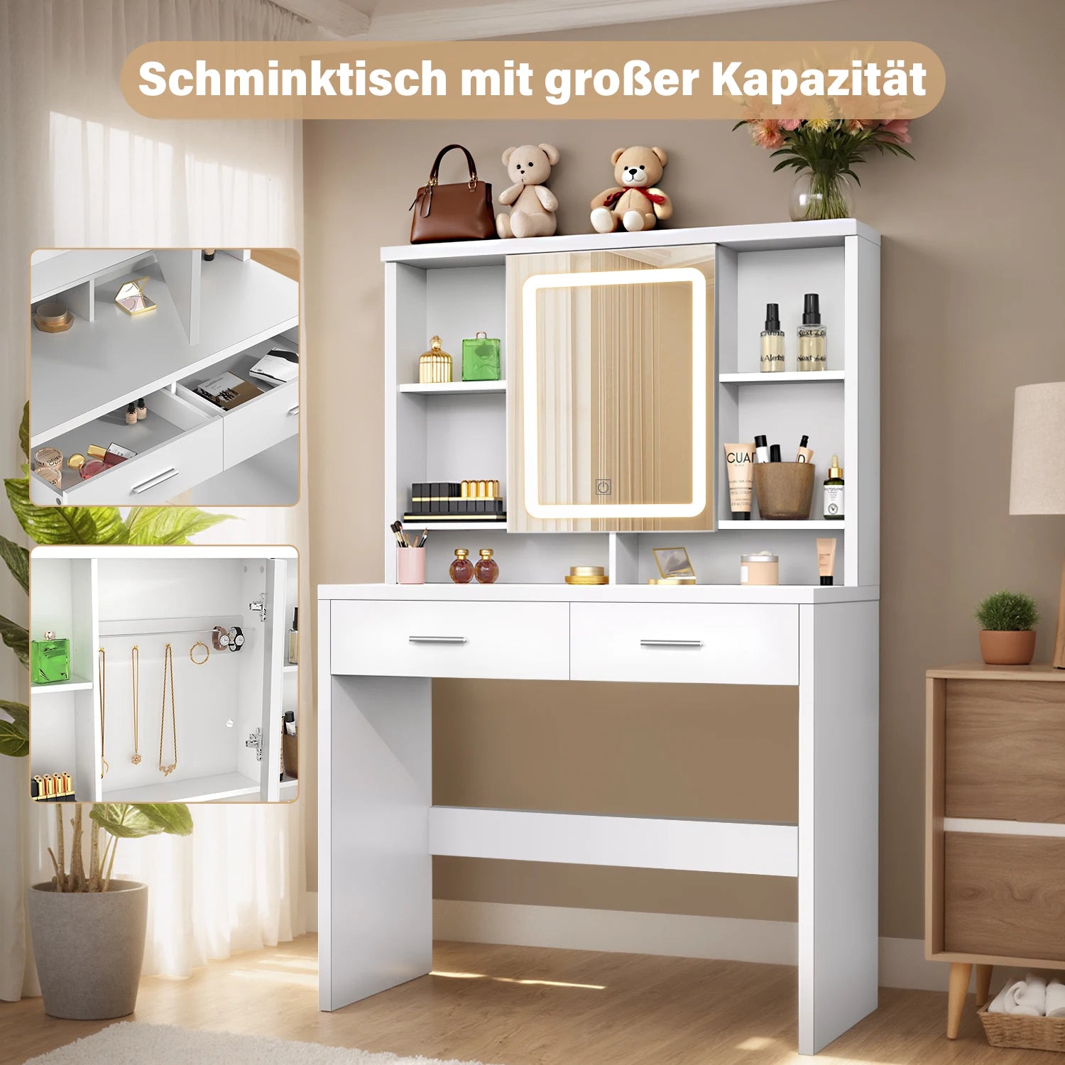 Schminktisch mit LED-Spiegel – Moderner Frisiertisch mit 2 Schubladen & Ablagen, Weiß