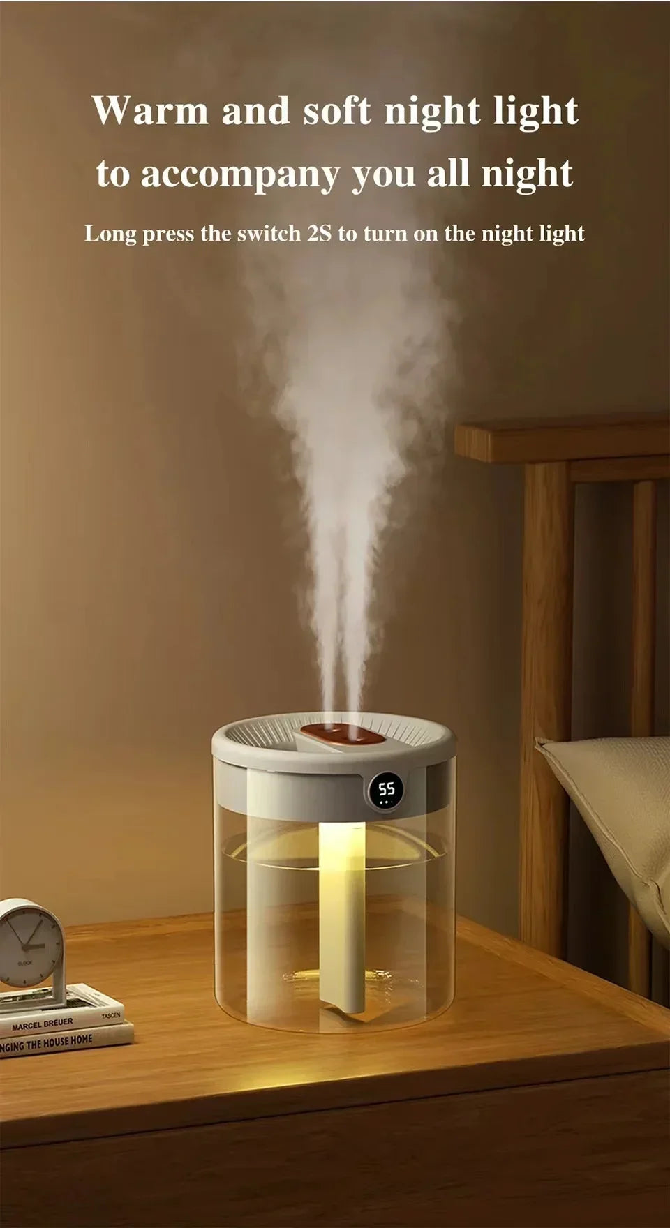 Ultraschall Luftbefeuchter 2L USB – Leiser Doppel-Spray Diffusor mit LED Display & Nachtlicht | Luftreiniger fürs Schlafzimmer & Büro