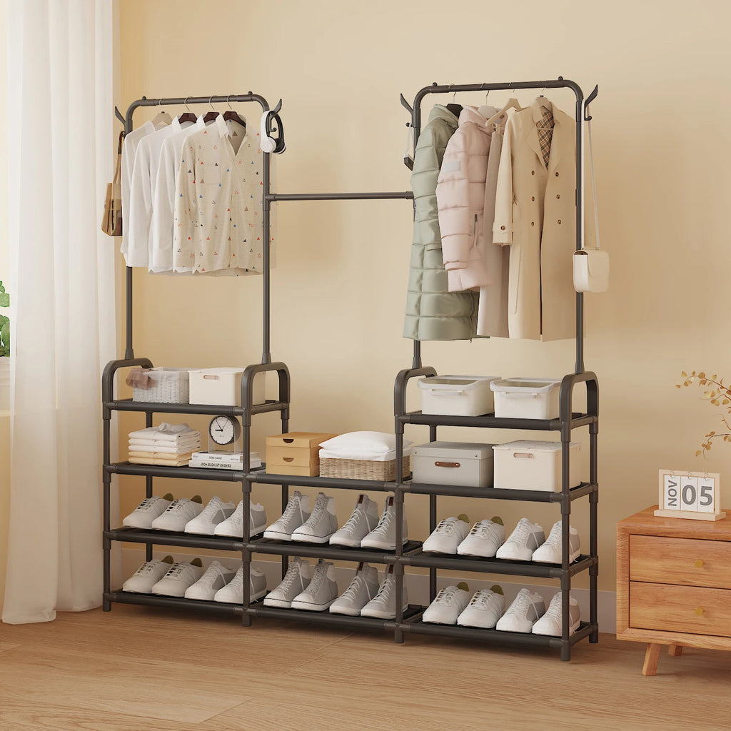 Multifunktionaler Kleiderständer für Schlafzimmer & Wohnheim – Garderobenständer mit Haken, Mantel- & Hutablage, Trockengestell für Kleidung