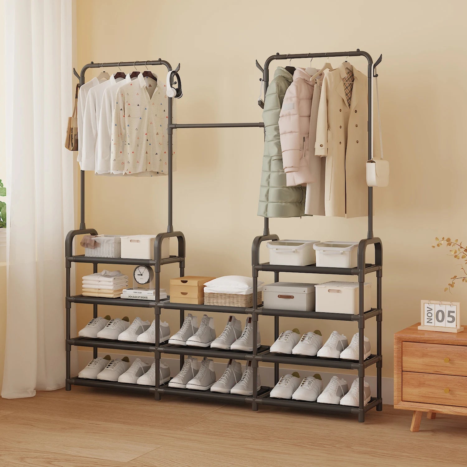 Multifunktionaler Kleiderständer für Schlafzimmer & Wohnheim – Garderobenständer mit Haken, Mantel- & Hutablage, Trockengestell für Kleidung