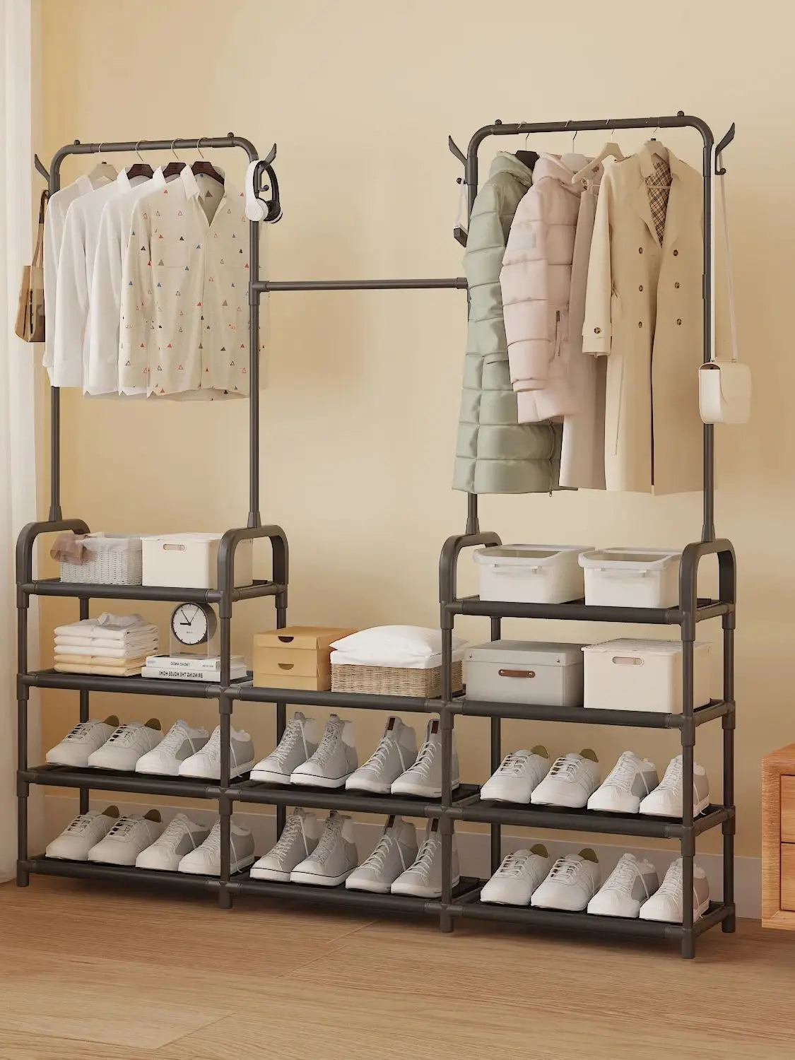 Multifunktionaler Kleiderständer für Schlafzimmer & Wohnheim – Garderobenständer mit Haken, Mantel- & Hutablage, Trockengestell für Kleidung