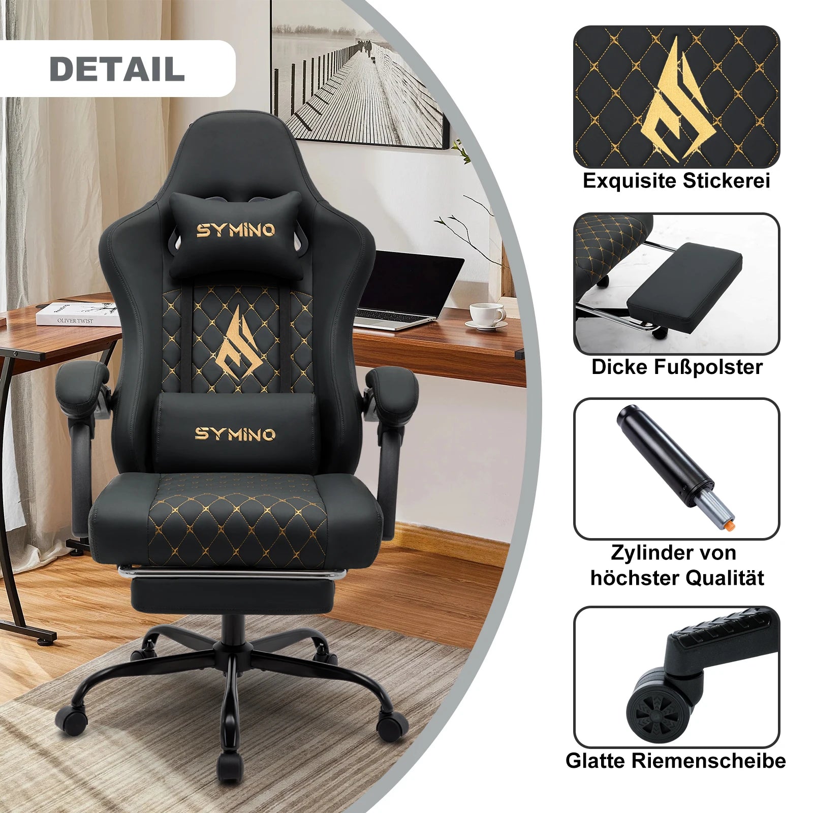 Symino Gaming Stuhl Rennstil – Ergonomischer Bürostuhl mit Fußstütze, Verstellbaren Armlehnen & 200 kg Belastbarkeit