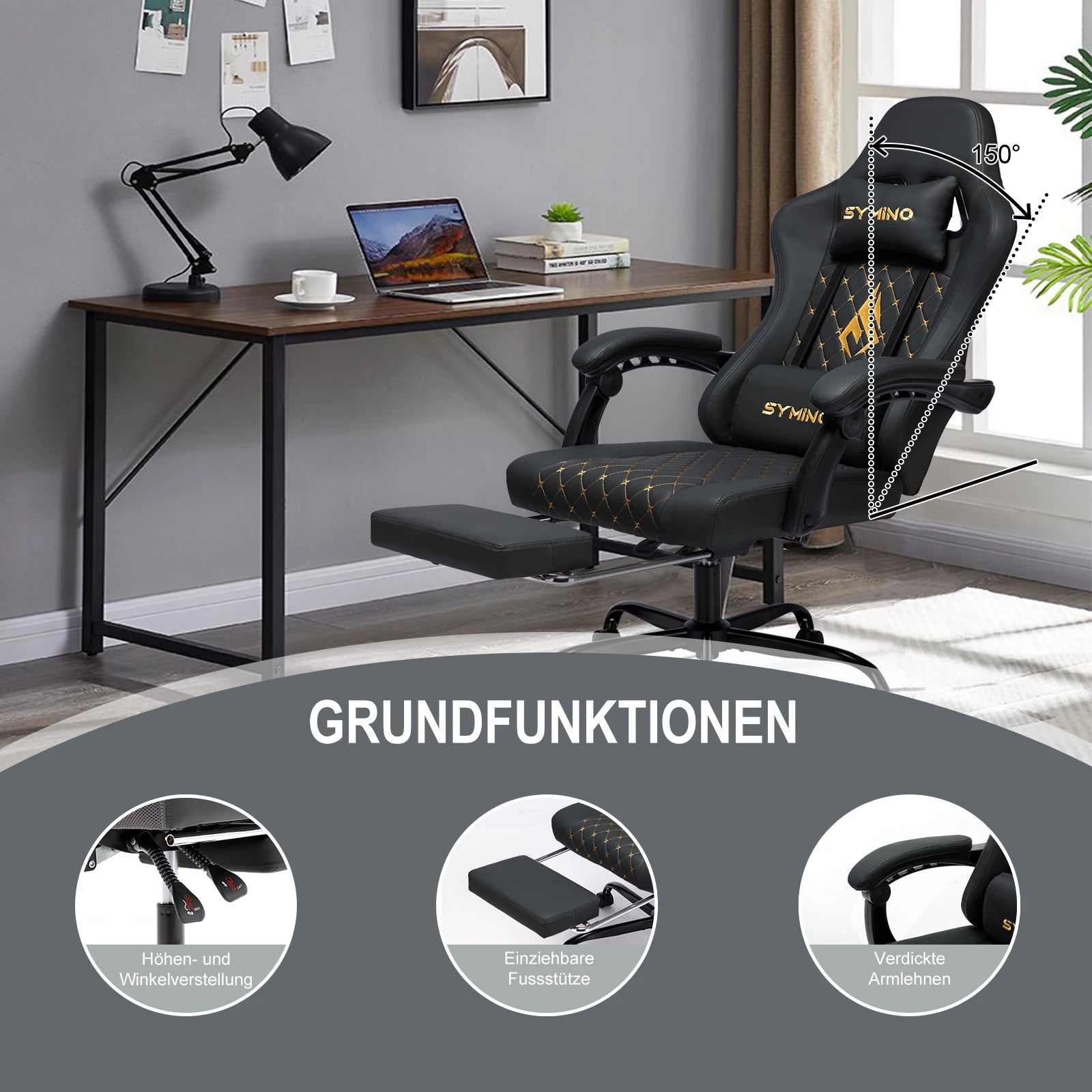 Symino Gaming Stuhl Rennstil – Ergonomischer Bürostuhl mit Fußstütze, Verstellbaren Armlehnen & 200 kg Belastbarkeit