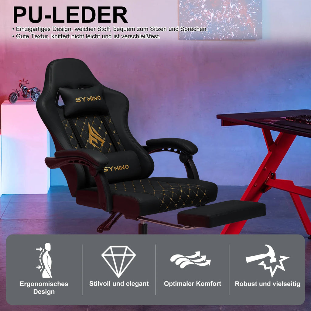 Symino Gaming Stuhl Rennstil – Ergonomischer Bürostuhl mit Fußstütze, Verstellbaren Armlehnen & 200 kg Belastbarkeit