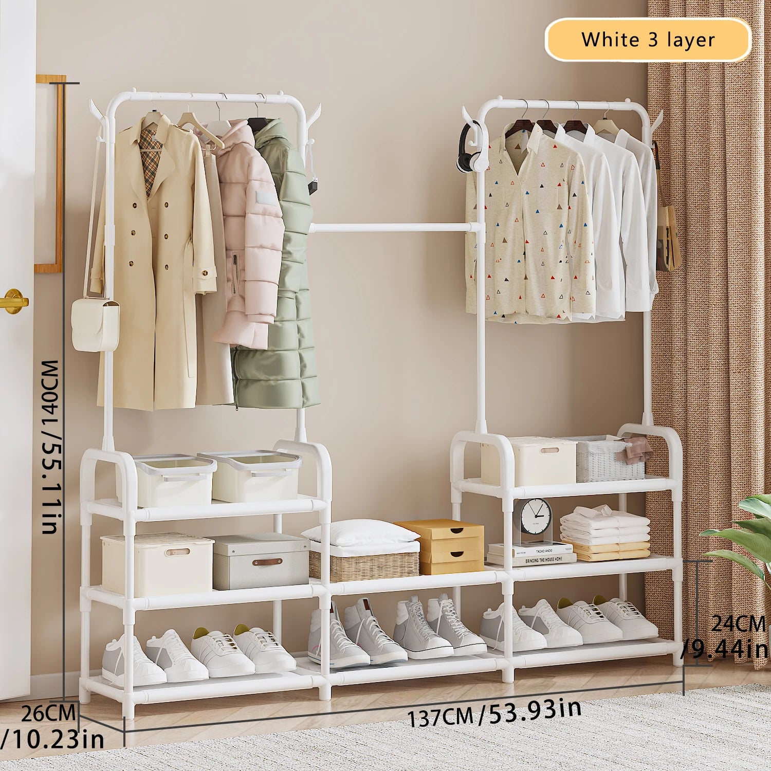 Multifunktionaler Kleiderständer für Schlafzimmer & Wohnheim – Garderobenständer mit Haken, Mantel- & Hutablage, Trockengestell für Kleidung