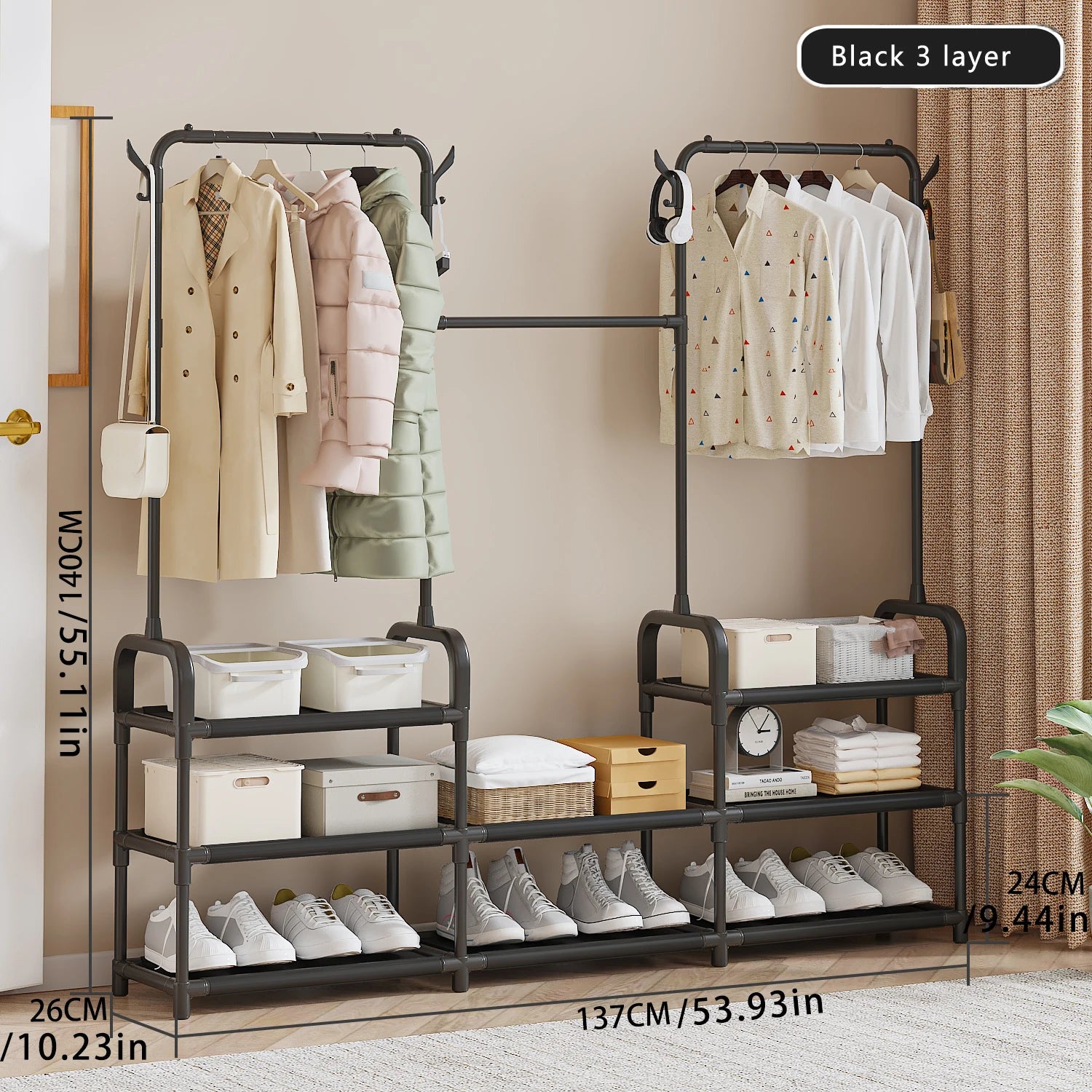 Multifunktionaler Kleiderständer für Schlafzimmer & Wohnheim – Garderobenständer mit Haken, Mantel- & Hutablage, Trockengestell für Kleidung