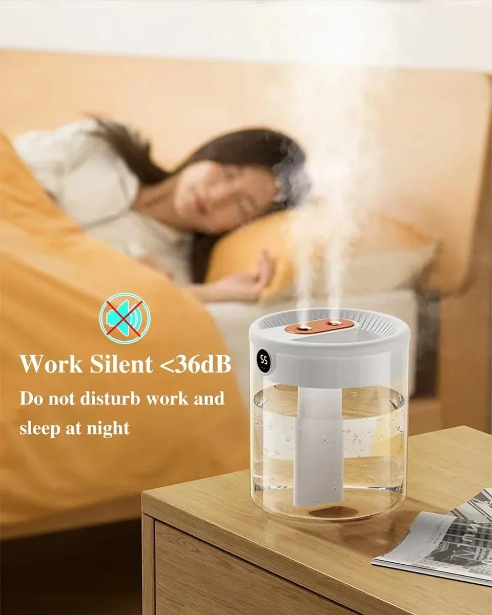 Ultraschall Luftbefeuchter 2L USB – Leiser Doppel-Spray Diffusor mit LED Display & Nachtlicht | Luftreiniger fürs Schlafzimmer & Büro